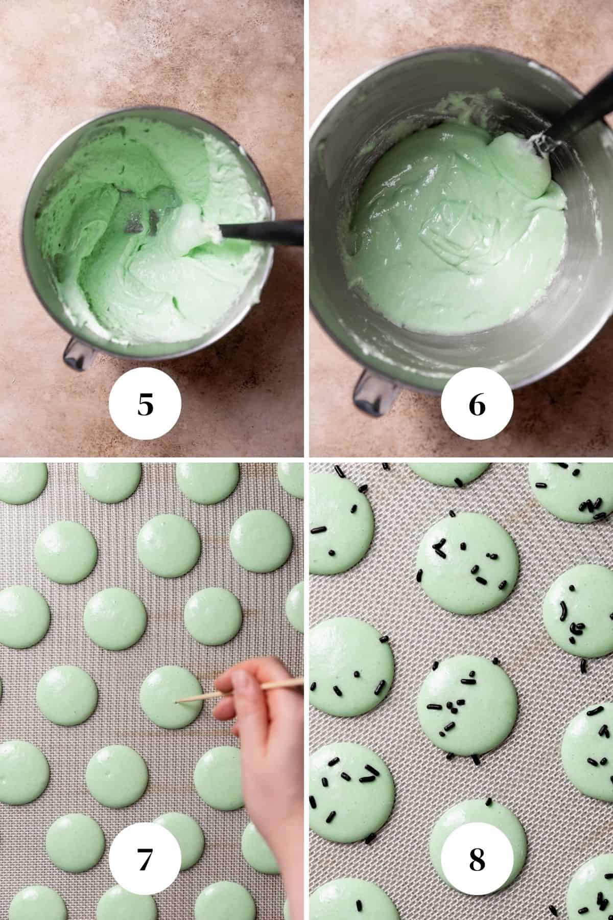 a process collage of the steps for piping the macaron shells.