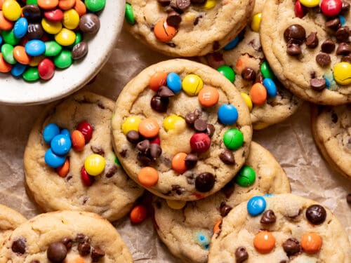 Chewy M&M Chocolate Chip Cookies - Cambrea Bakes