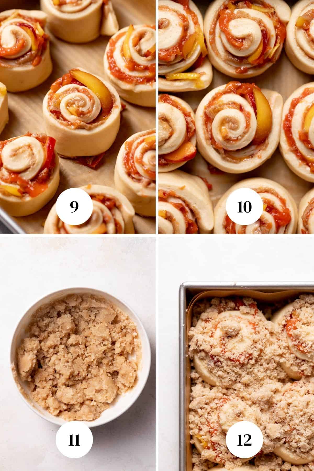 a collage of the steps for making peach cobbler rolls.