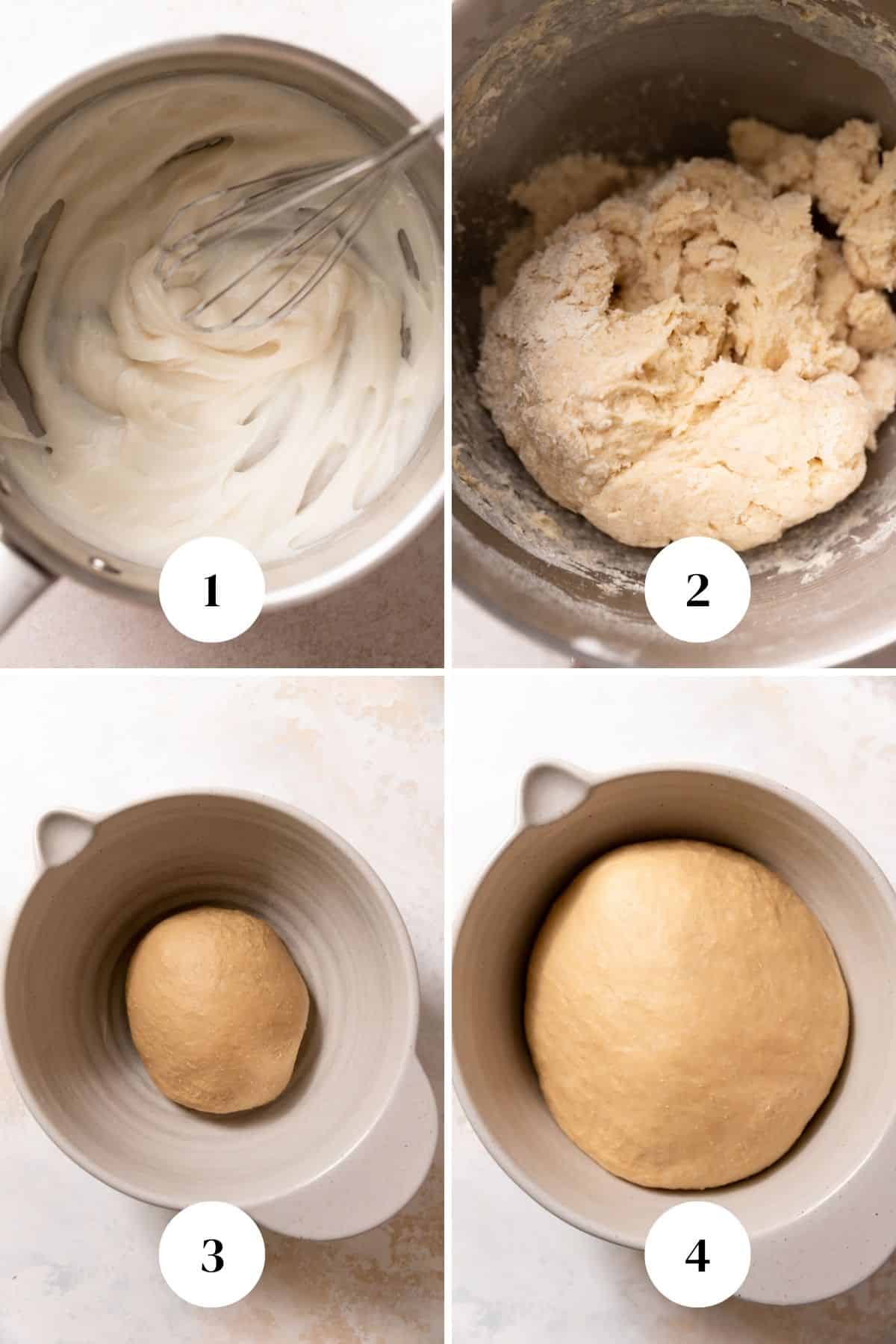 a collage of the steps for making the cinnamon roll dough.
