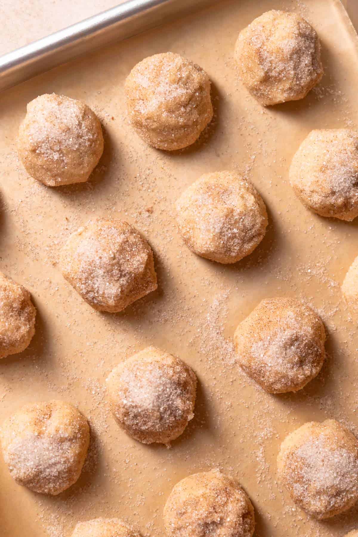 balls of cookie dough rolled in cinnamon sugar on a baking tray.