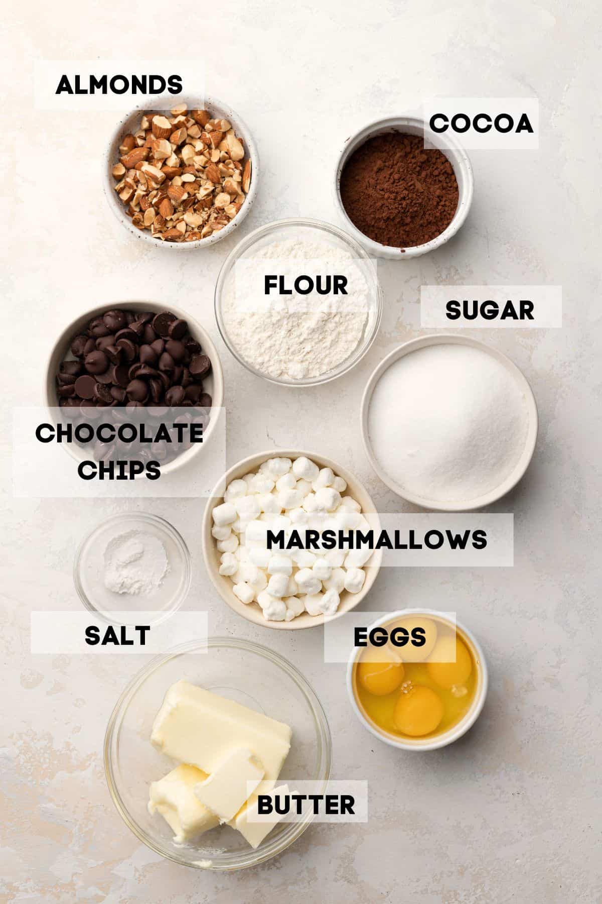 ingredients needed to make brownies in bowls with labels.