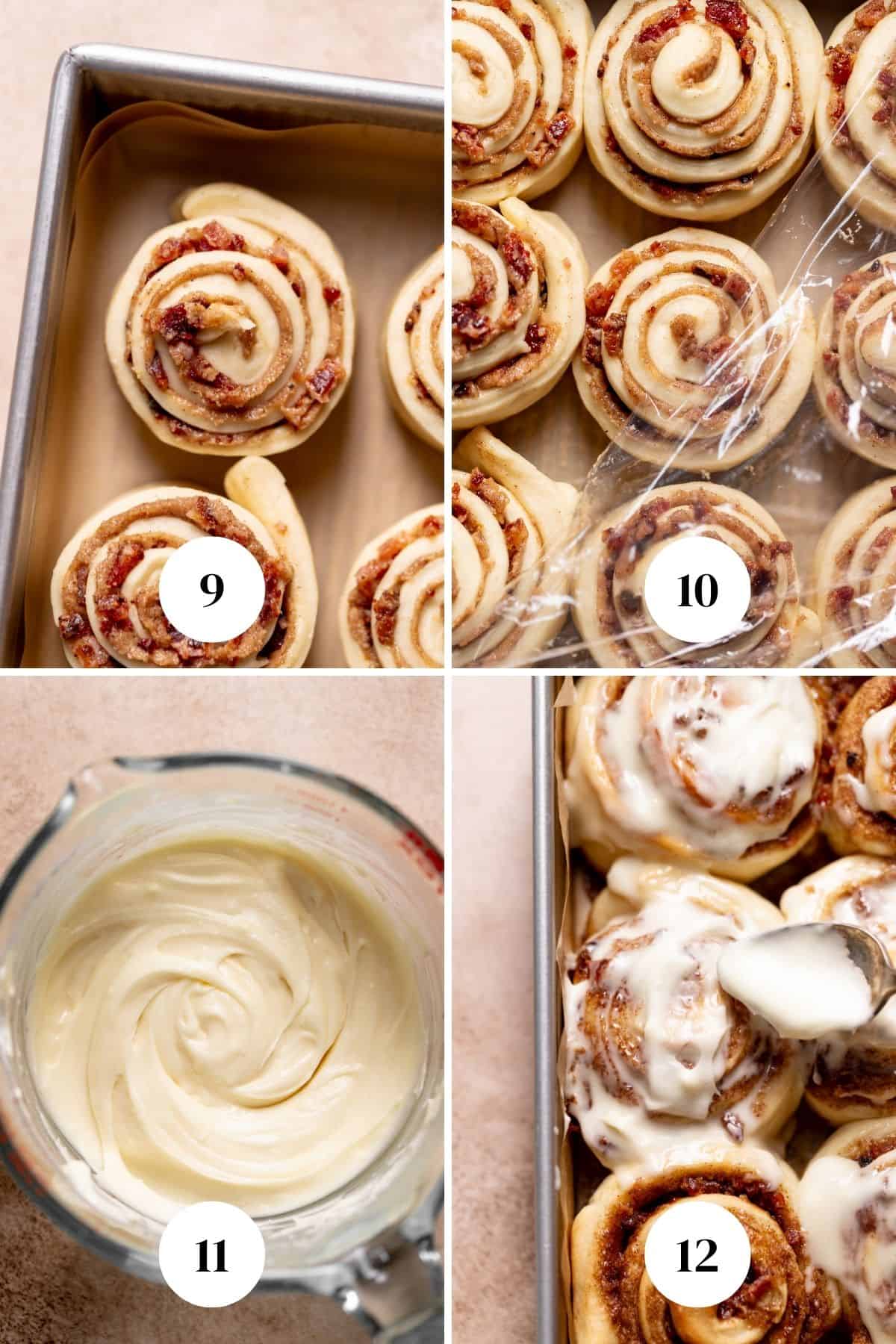 a process collage of the steps for baking the bacon cinnamon rolls.