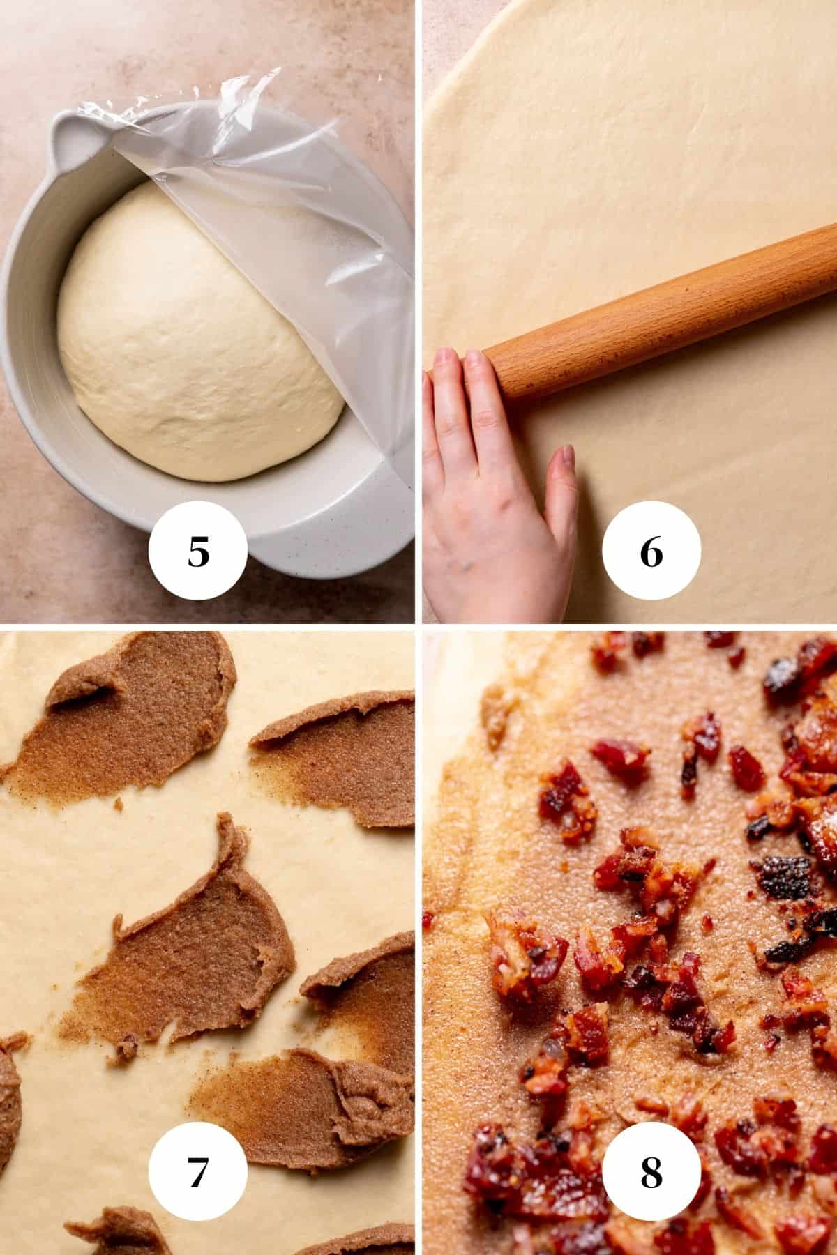a process collage of the steps for filling the cinnamon rolls.