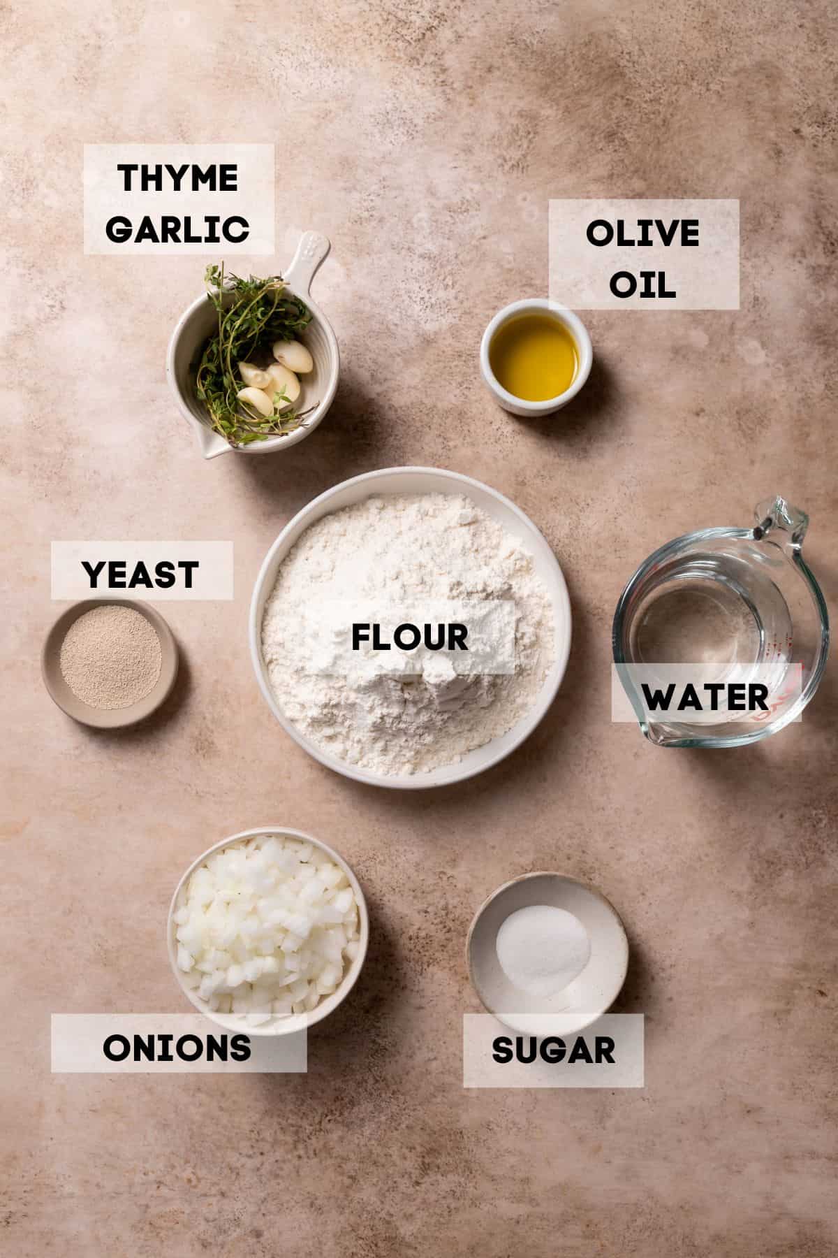 ingredients needed to make caramelized onion focaccia in bowls with labels.