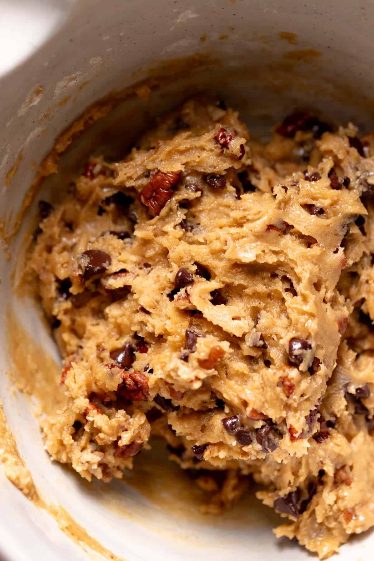 chocolate chip pecan cookie dough in a large bowl.