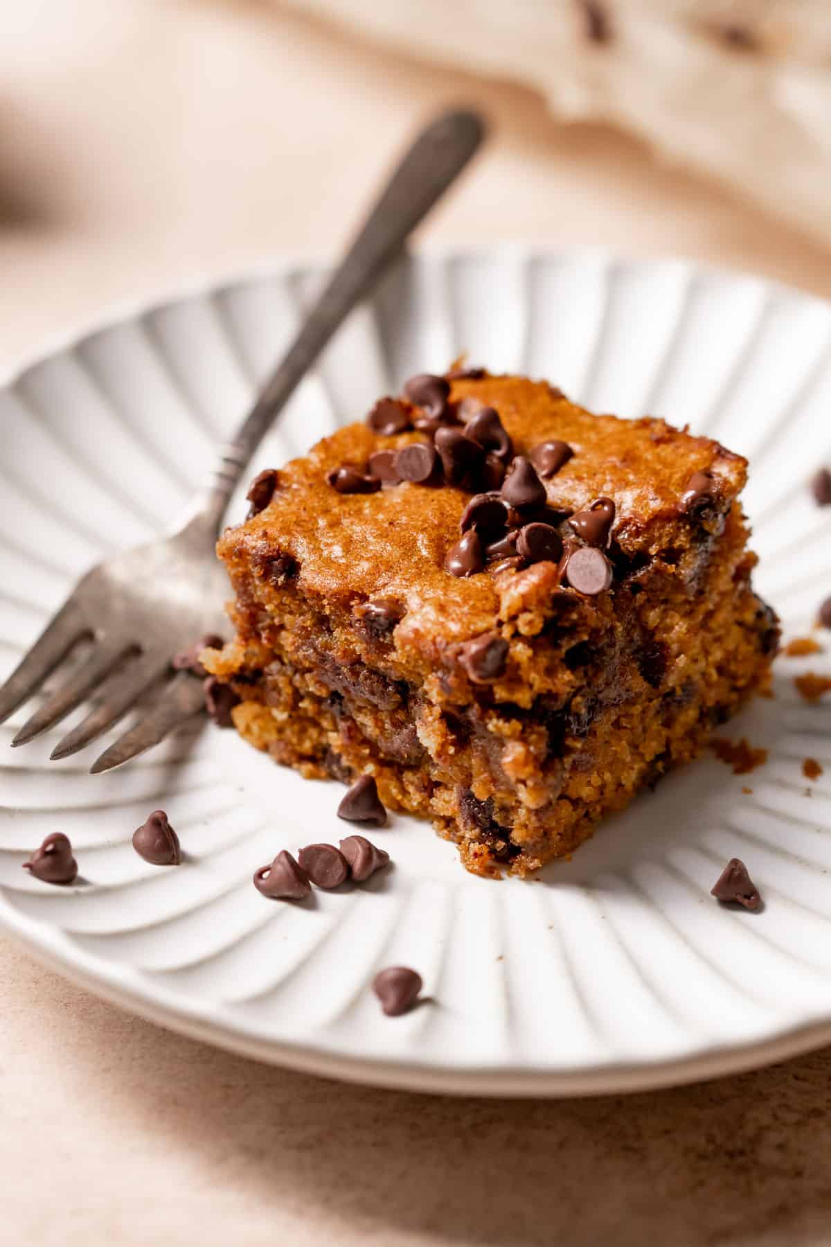 a slice of chocolate pumpkin cake on a plate with chocolate chips on top.
