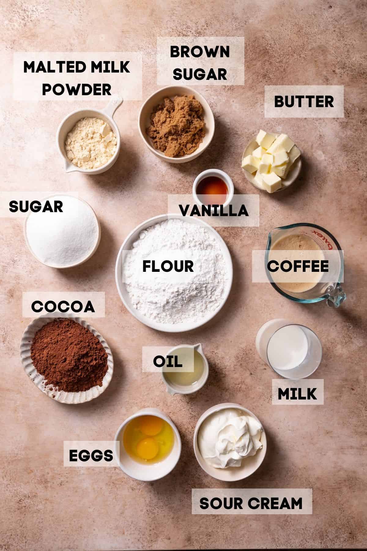 ingredients needed to make chocolate cake in bowls with labels.