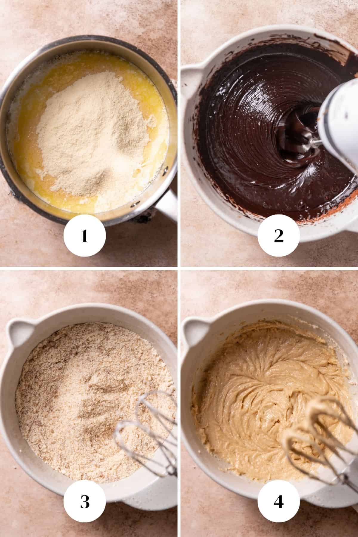 a process collage of the steps for making ganache cake.
