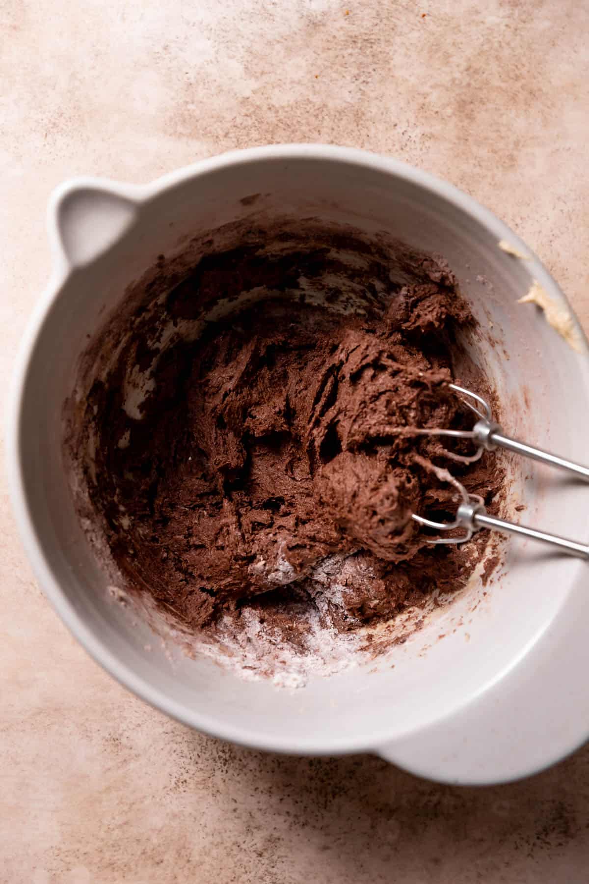 chocolate cookie dough in a mixing bowl.