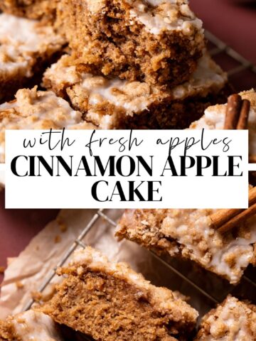 cinnamon apple cake pinterest pin with text overlay.