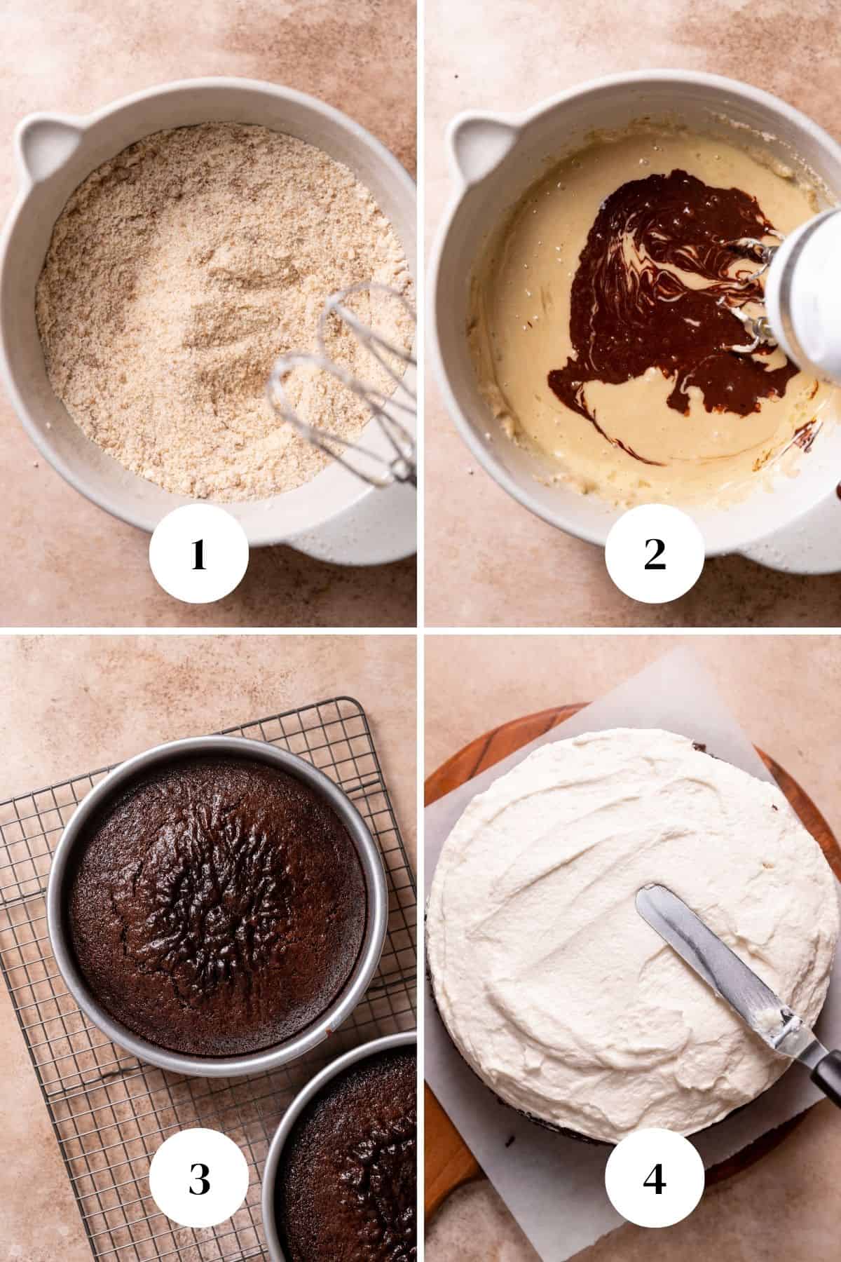 A process collage of the steps for making chocolate cake.