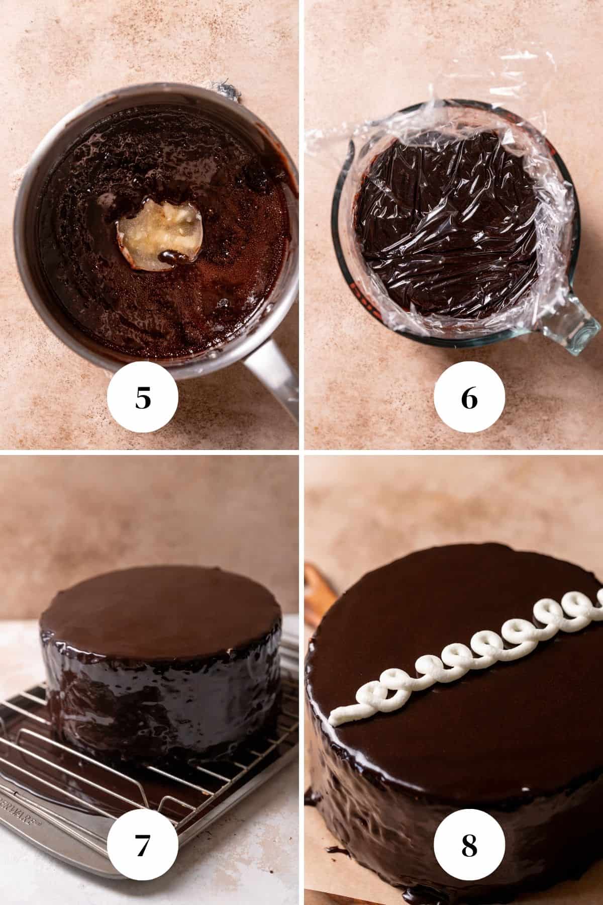 A process collage of the steps for pouring the ganache over the chocolate cake.