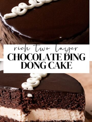 Ding dong cake Pinterest pin with text overlay.