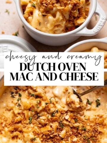 dutch oven mac and cheese pinterest pin with text overlay.