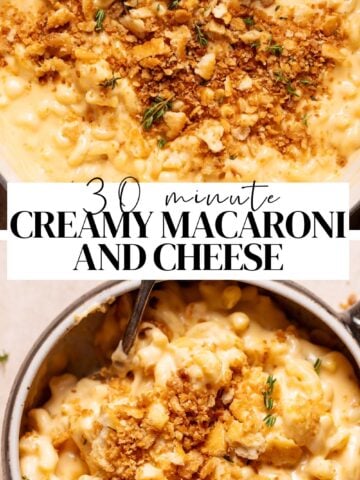 dutch oven mac and cheese pinterest pin with text overlay.