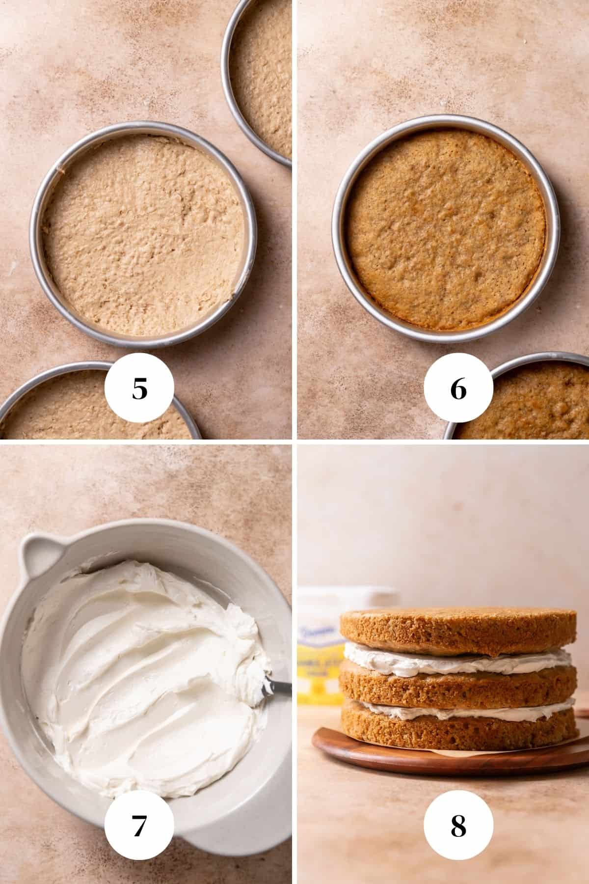 a process collage of the steps for assembling oatmeal cream pie cake.