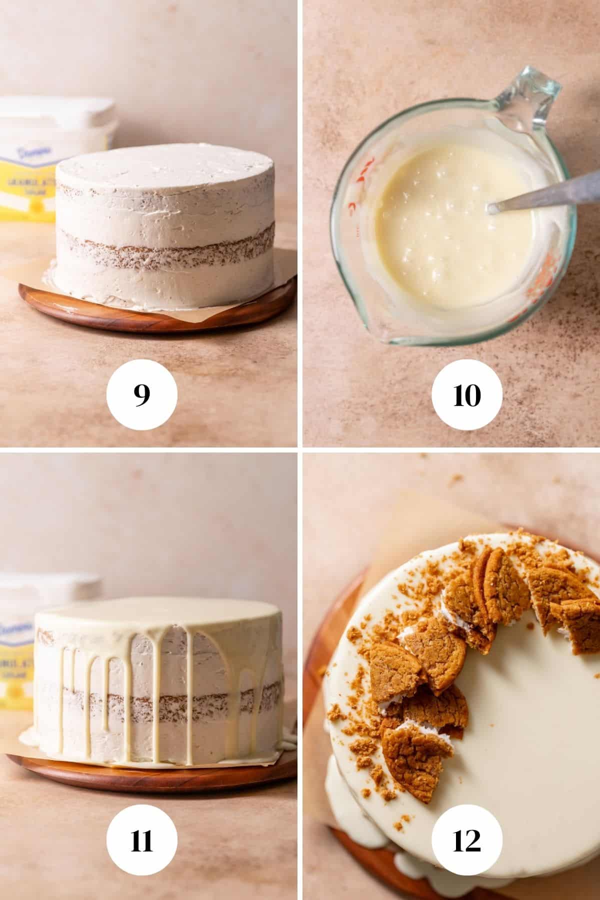 a process collage of the steps for frosting and decorating the oatmeal cake.