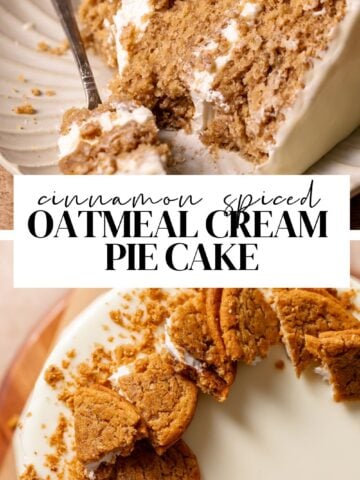 oatmeal cream pie cake pinterest pin with text overlay.
