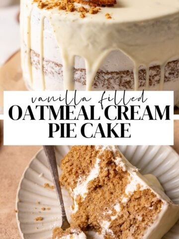 oatmeal cream pie cake pinterest pin with text overlay.