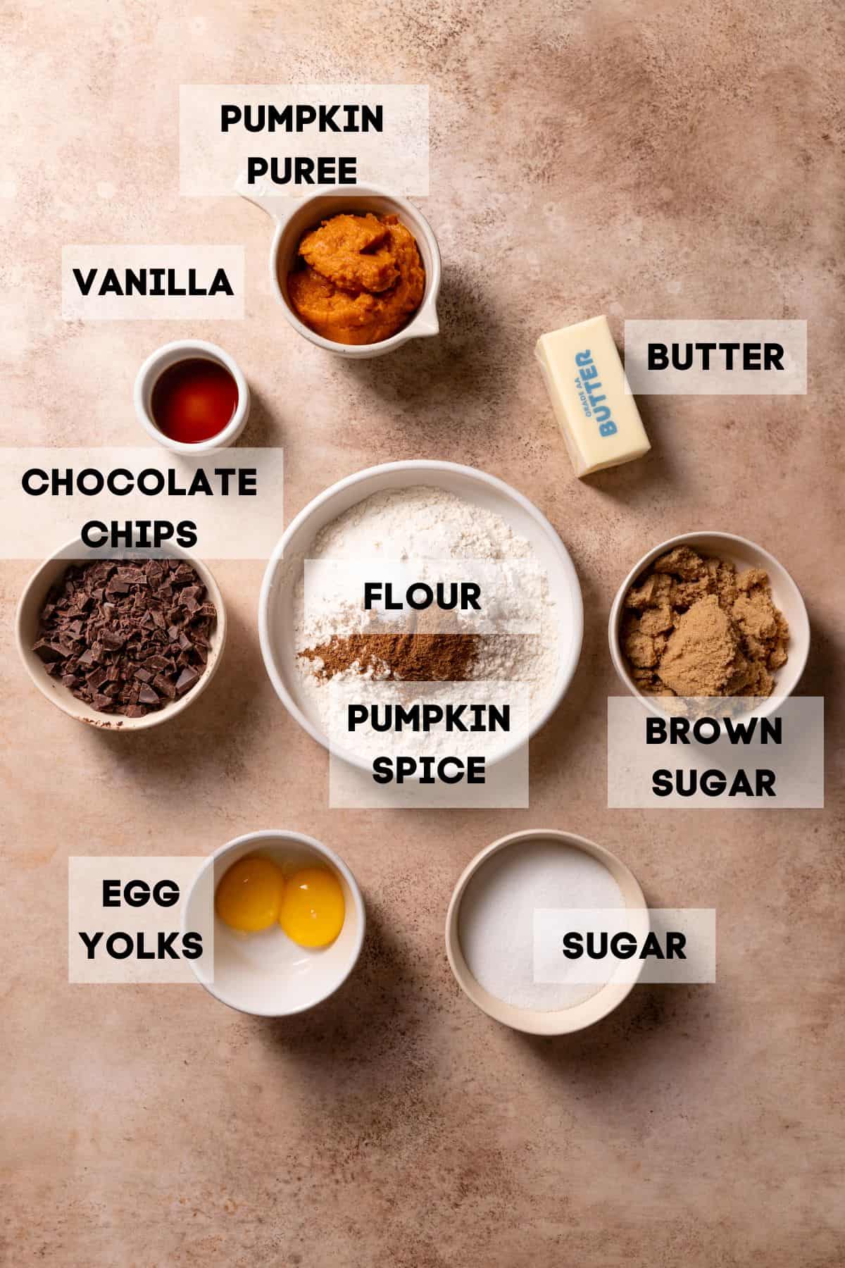 Ingredients needed to make chocolate pumpkin cookies in bowls with labels.