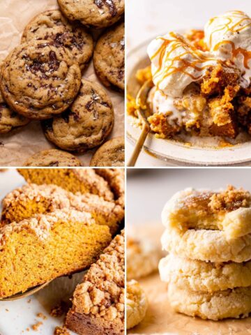 A collage of four pumpkin dessert photos.