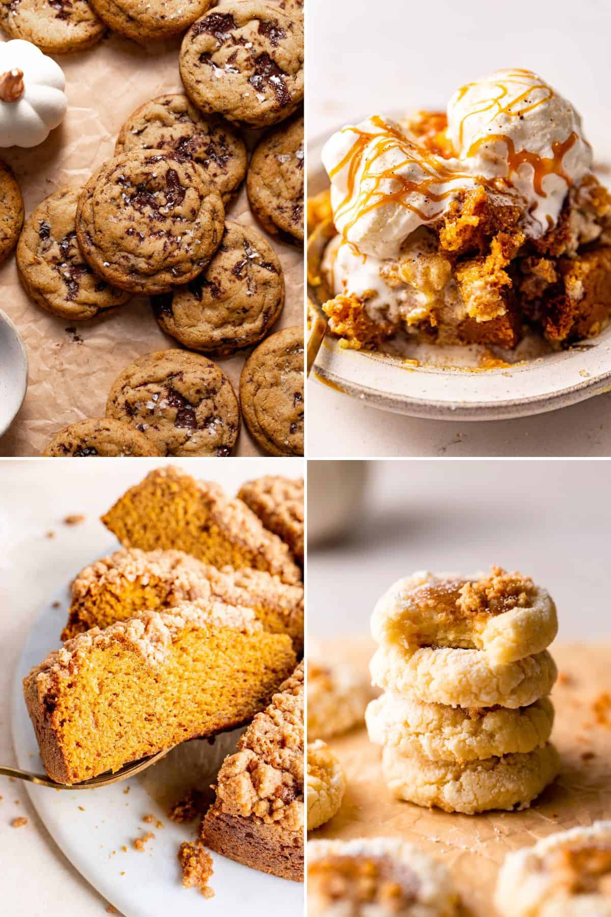 A collage of four photos of pumpkin dessert recipes.