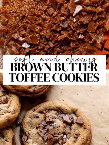 Toffee chocolate chip cookie pinterest pin with text overlay.