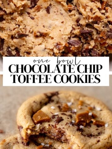 Toffee chocolate chip cookie pinterest pin with text overlay.
