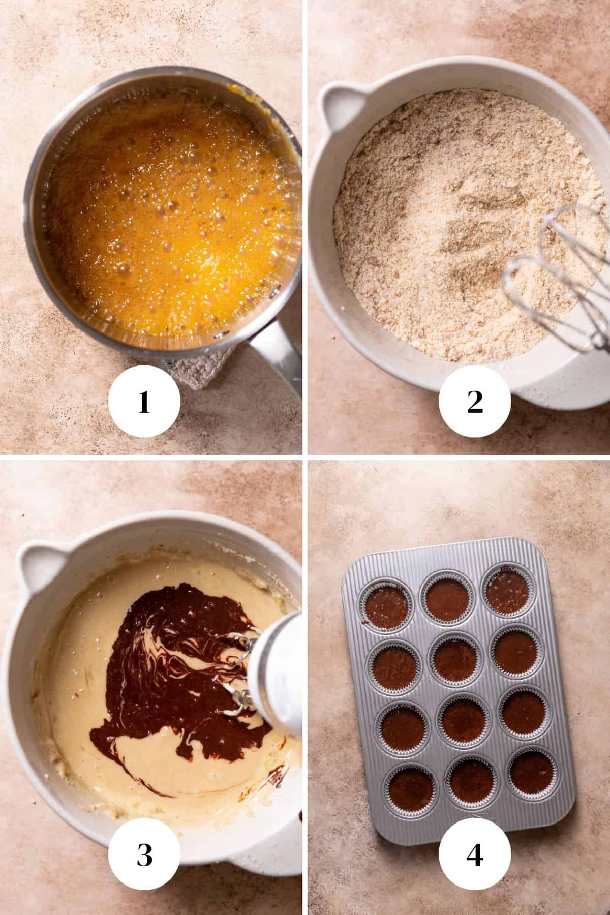 A process collage of the steps for making homemade caramel and chocolate cupcake batter.