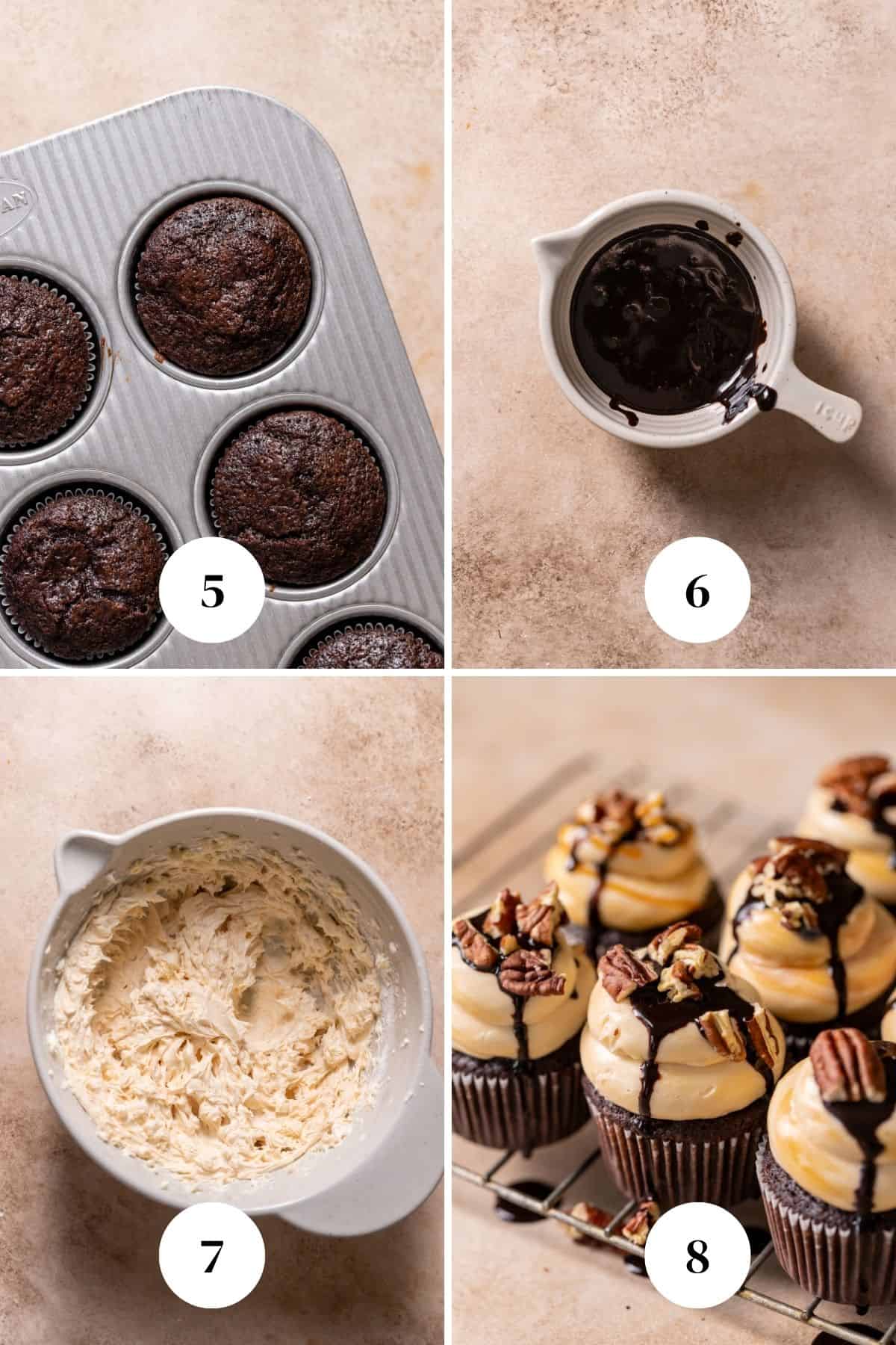 A process collage of the steps for making caramel buttercream and decorating the chocolate cupcakes.