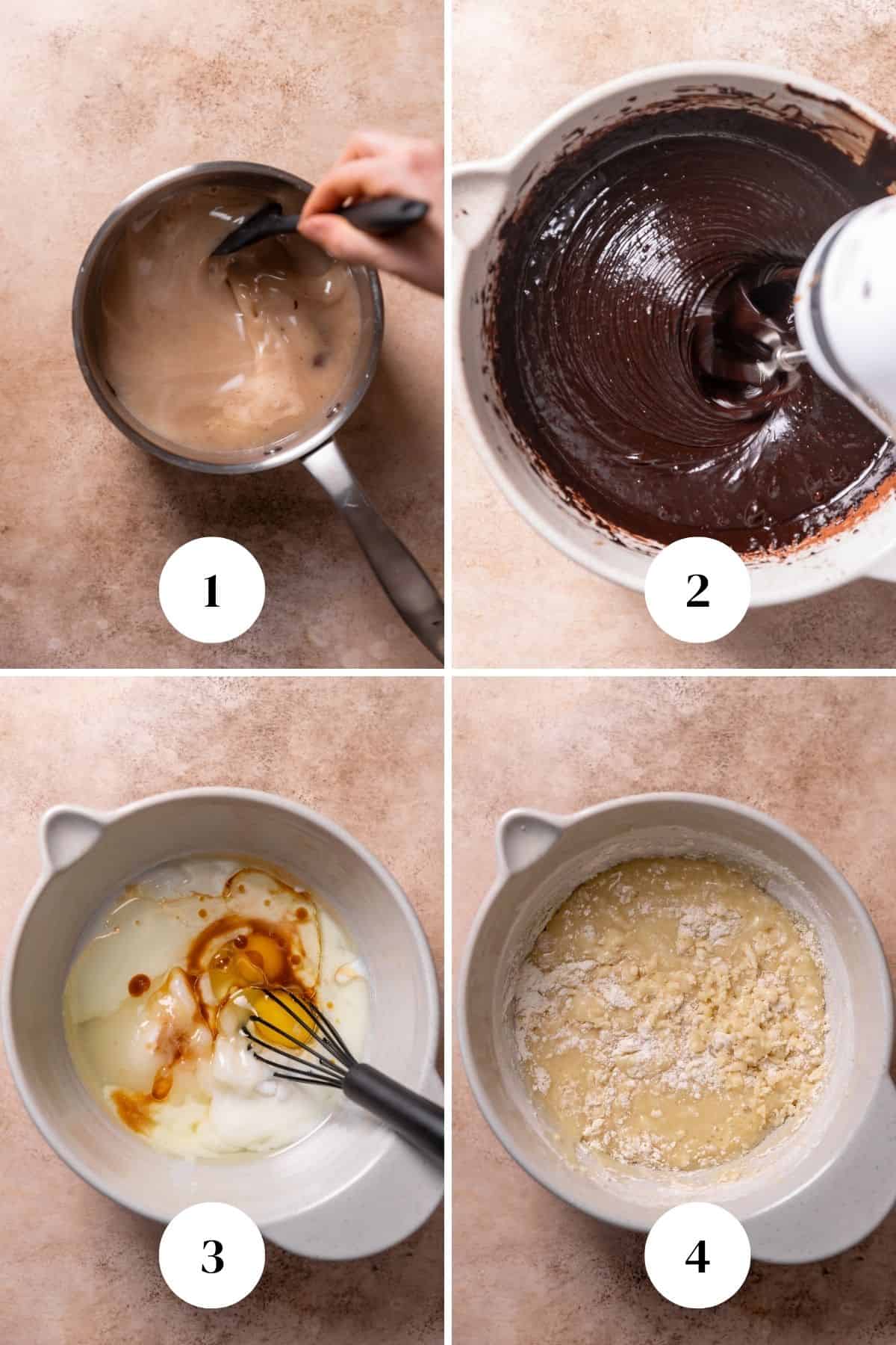 A process collage of the steps for making black velvet cake.