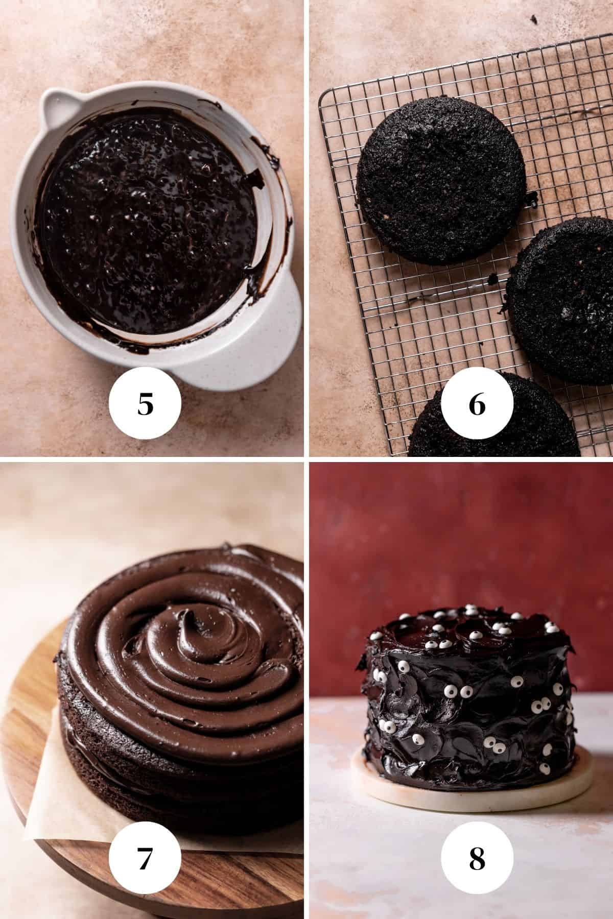 A process collage of the steps for assembling and decorating black velvet cake.