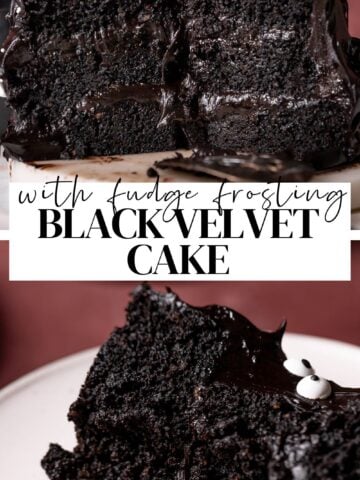 Black velvet cake pinterest pin with text overlay.