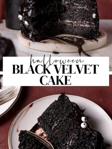 Black velvet cake pinterest pin with text overlay.