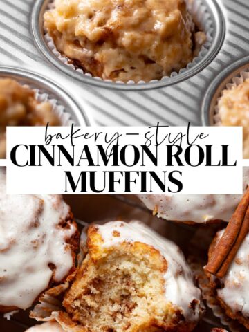 Cinnamon bun muffin pinterest pin with text overlay.