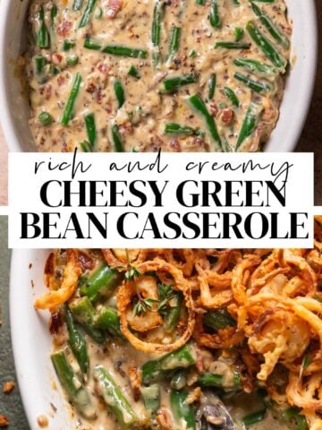 Cheesy green bean casserole pinterest pin with text overlay.