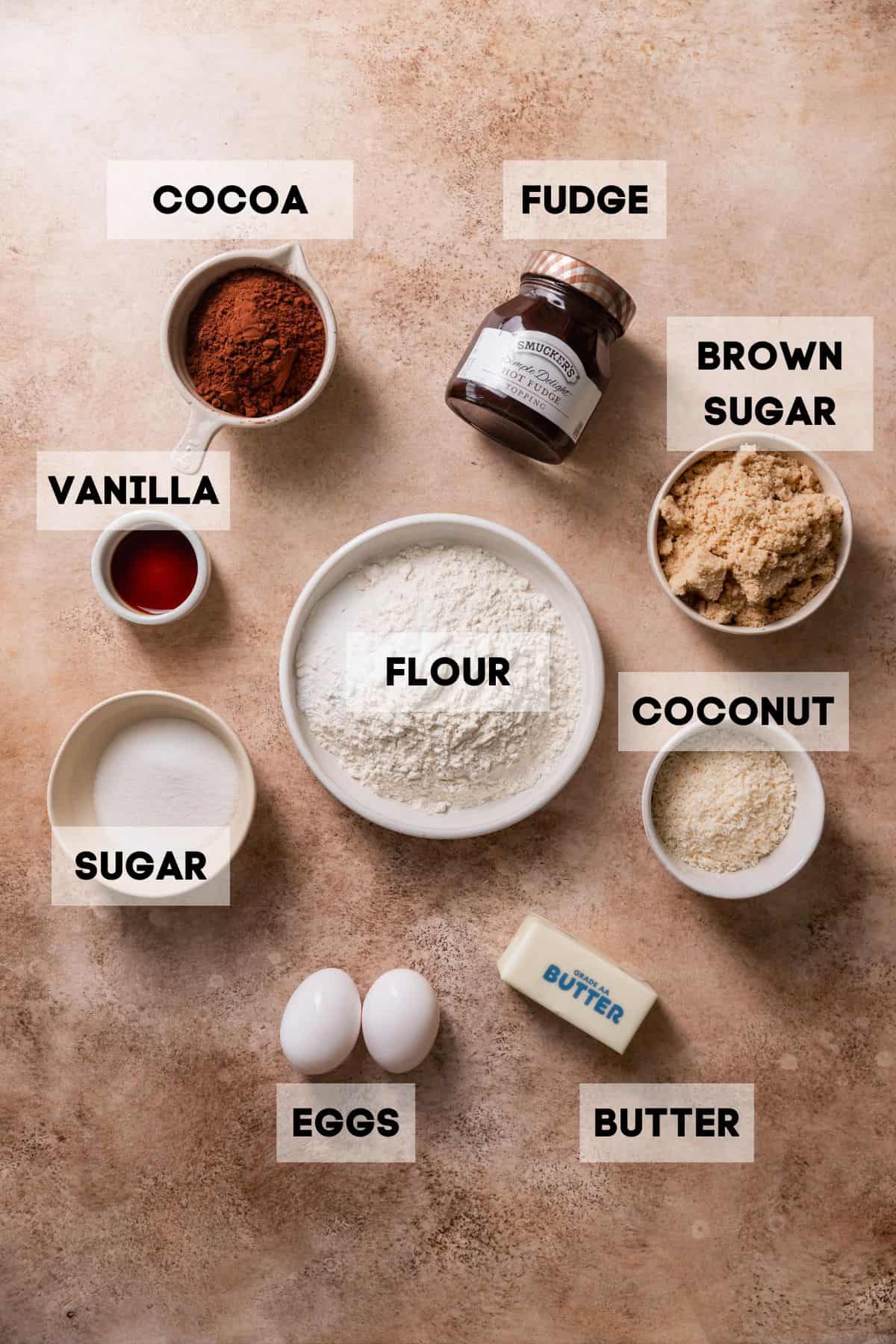 Ingredients needed to make chocolate cookies in bowls with labels.