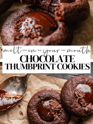Chocolate thumbprint cookie pinterest pin with text overlay.