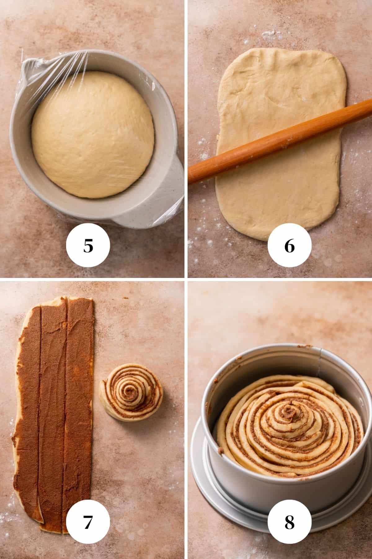 A collage of the steps for assembling the cinnamon bun cake.