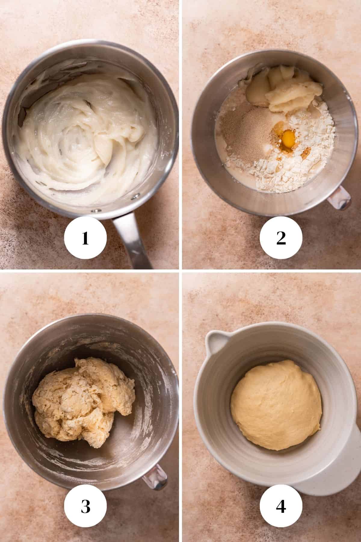 A collage of the steps for making cinnamon roll dough.