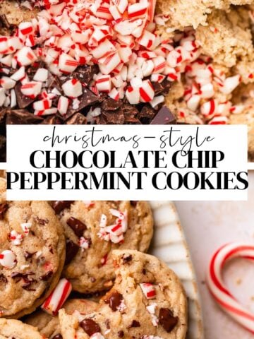 Peppermint chocolate chip cookie pinterest pin with text overlay.