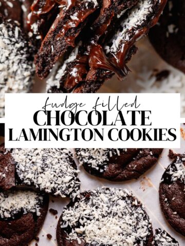 Chocolate lamington cookie pinterest pin with text overlay.