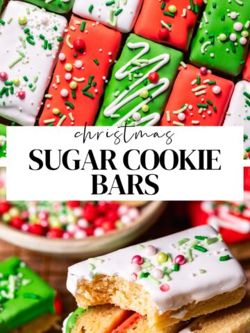 Christmas sugar cookie bars pinterest pin with text overlay.