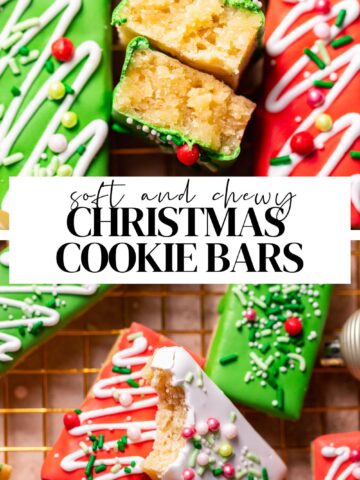 Christmas sugar cookie bars pinterest pin with text overlay.