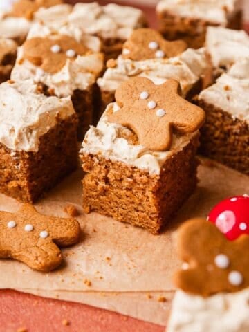 A slice of gingerbread cake on brown parchment paper with mini gingerbread cookies on top.