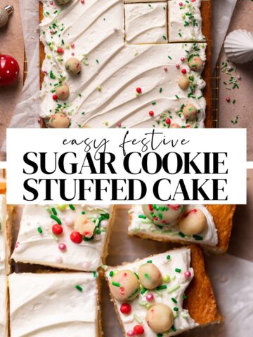 Sugar cookie cake pinterest pin with text overlay.