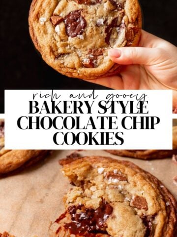 Gourmet bakery style chocolate chip cookies pinterest pin with text overlay.