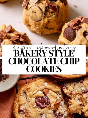 Gourmet bakery style chocolate chip cookies pinterest pin with text overlay.