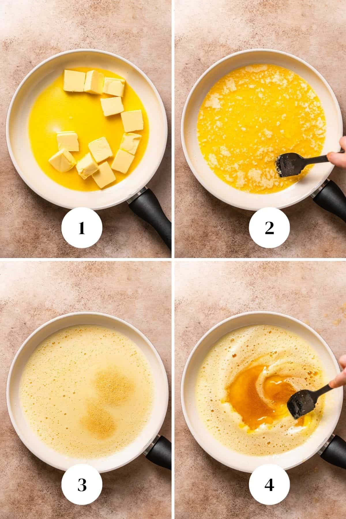 A collage of the steps for making brown butter.